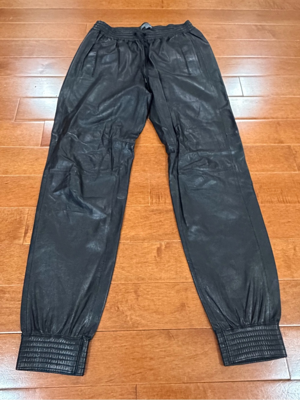 Vince Black 100% Genuine Lamb Leather Elastic Drawstring Waist Joggers Pants S